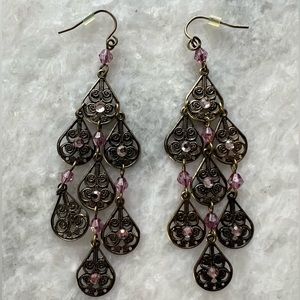 Pretty antiqued bronze and purple dangling earrings (costume jewelry)